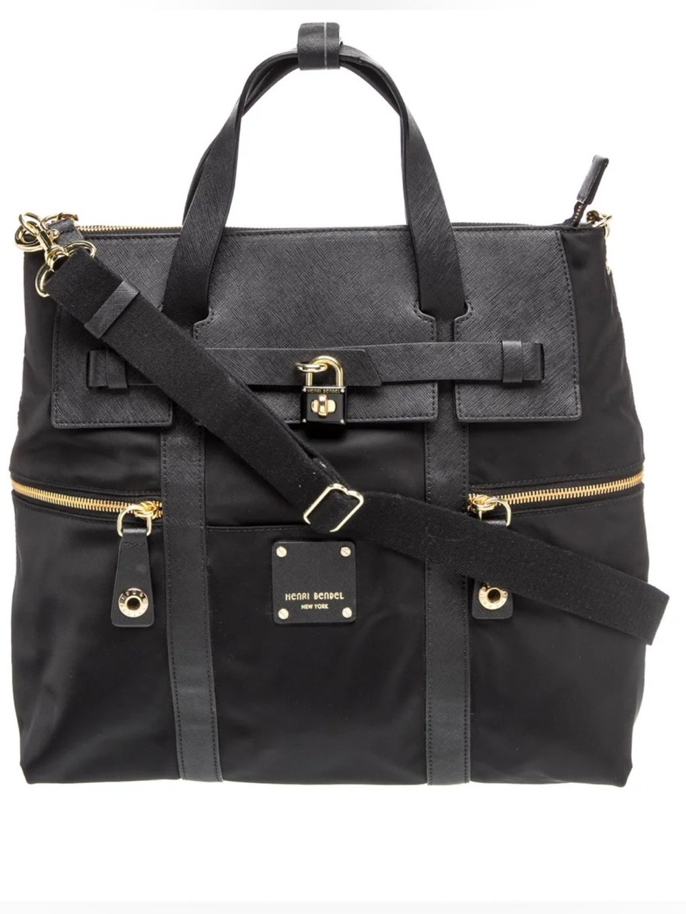 Henri Bendel Jetsetter Convertible Black Leather/Nylon Backpack, Gold - Like New